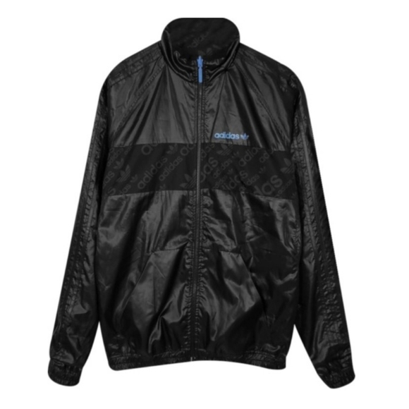NWOT: Adidas Black Allover Logo Windbreaker Jacket - Size: Large; Black (w/Blue) - Picture 16 of 16